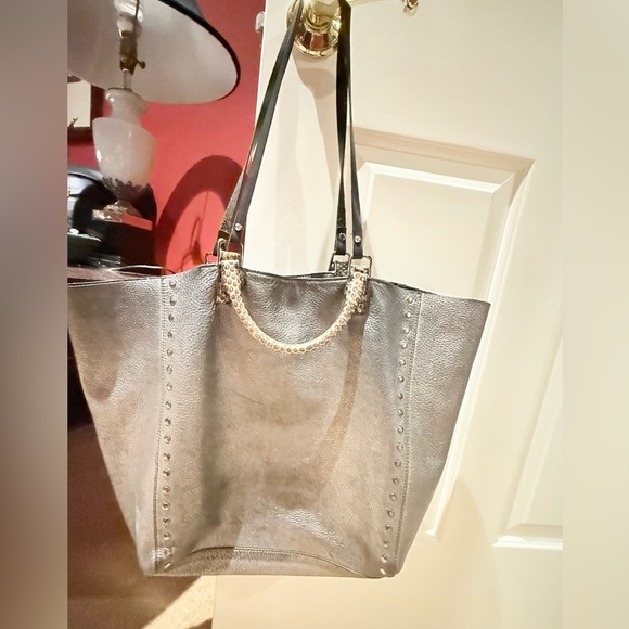 Rafe Silver/Black Metallic Leather Large Tote Bag w/ Snakeskin & Studs $498 - Picture 14 of 15